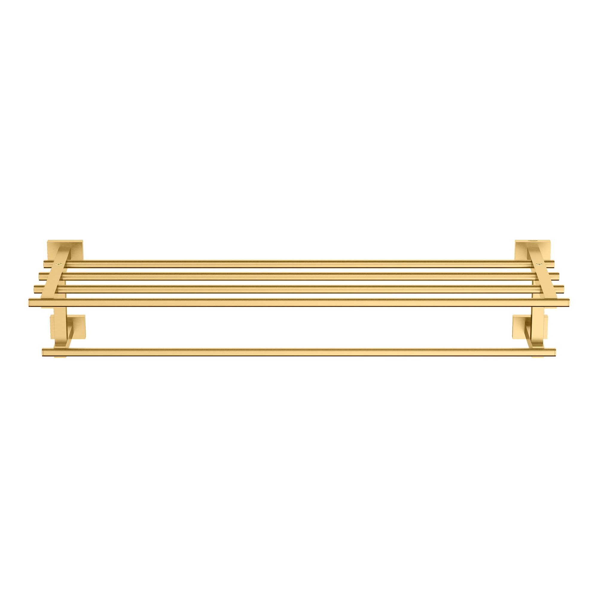 Grohe Essentials Cube multi-towel rack with brushed gold finish and multiple horizontal bars mounted on wall brackets.