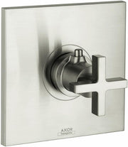 Brushed nickel thermostatic shower trim with circular escutcheon plate and cross-shaped handle on square mounting plate.