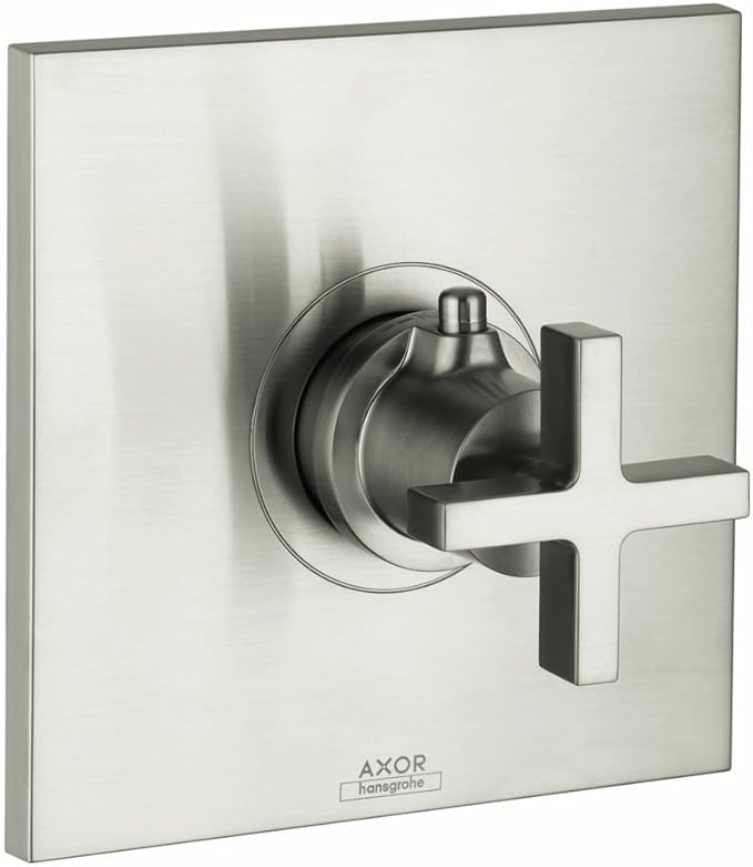 Brushed nickel thermostatic shower trim with circular escutcheon plate and cross-shaped handle on square mounting plate.