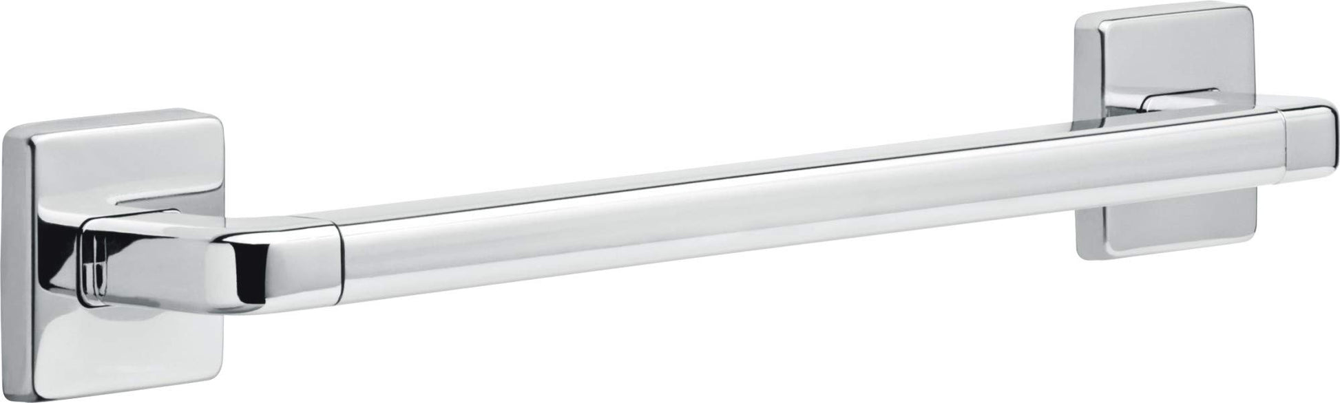 Chrome and white angular grab bar with square mounting brackets on each end.
