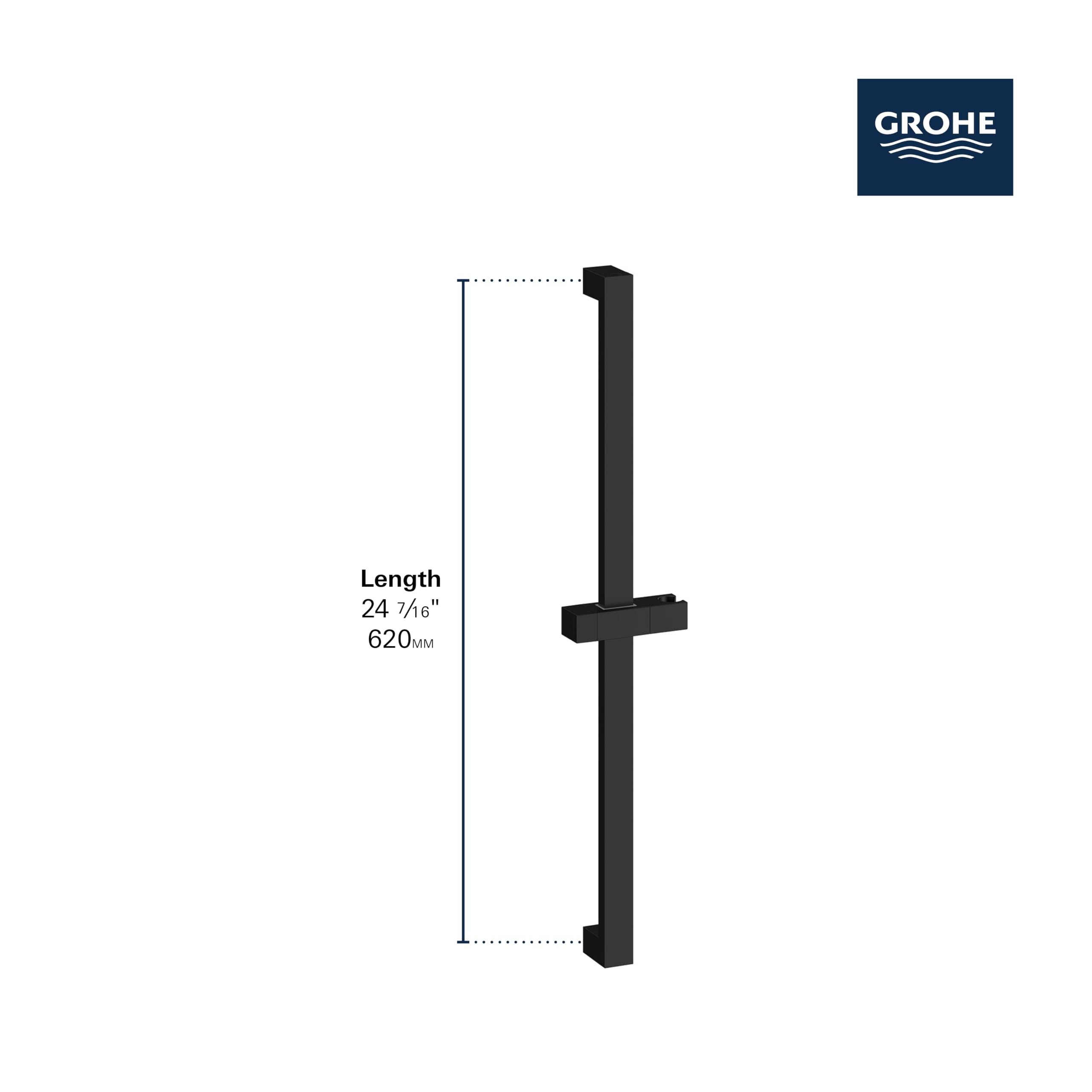 Matte black vertical shower slide bar with horizontal hand grip, 24 inches long.