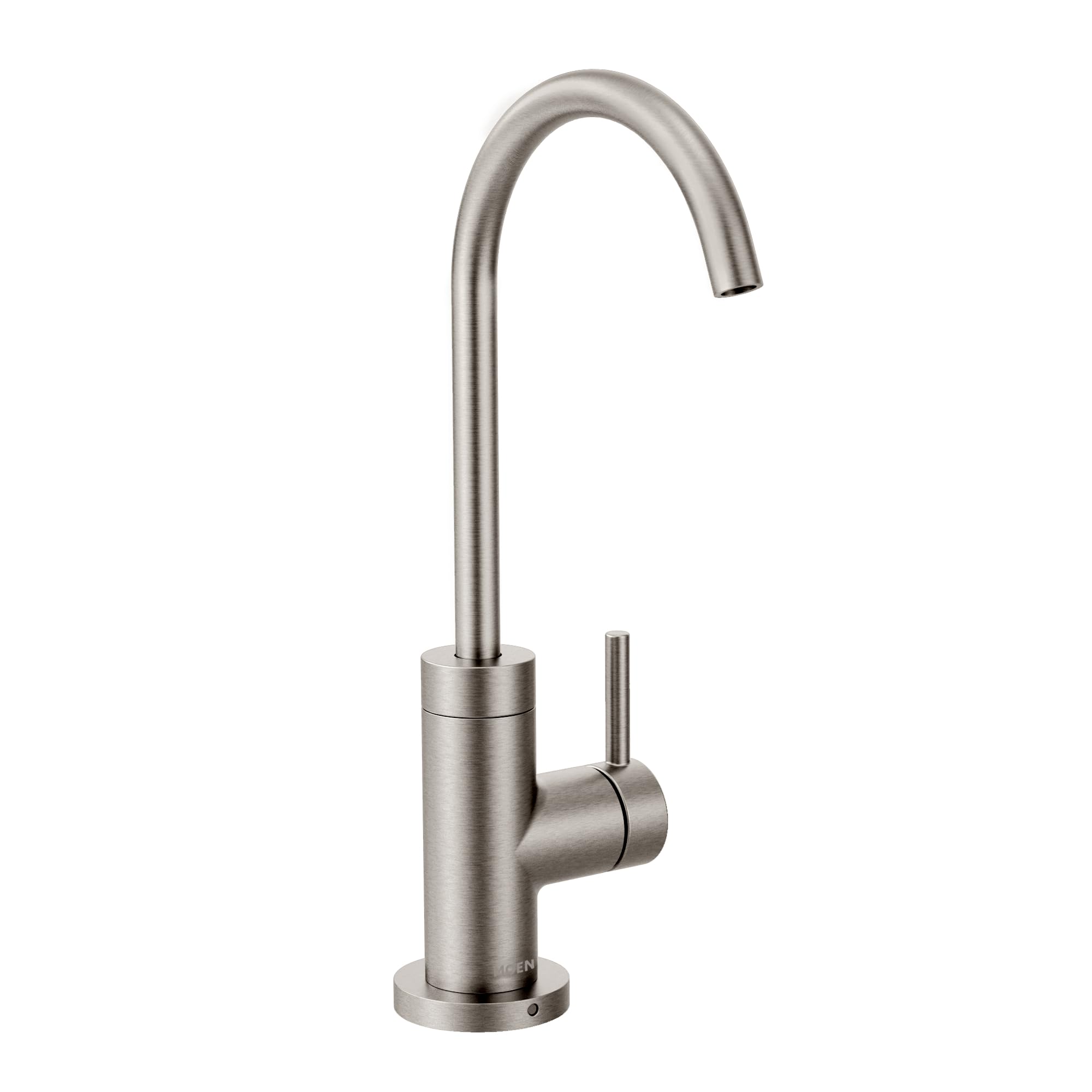 Moen Sip modern cold water kitchen beverage faucet with curved spout and single lever handle in stainless steel.