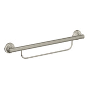 Brushed nickel grab bar with integrated towel bar and wall-mounted circular flanges on each end.