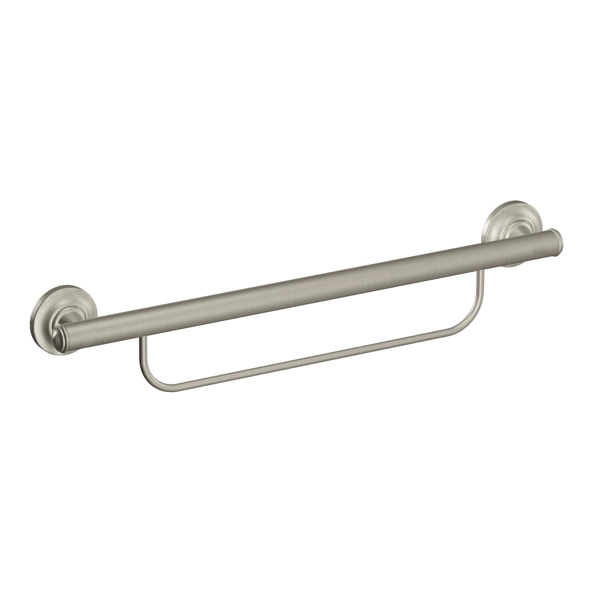 Brushed nickel grab bar with integrated towel bar and wall-mounted circular flanges on each end.