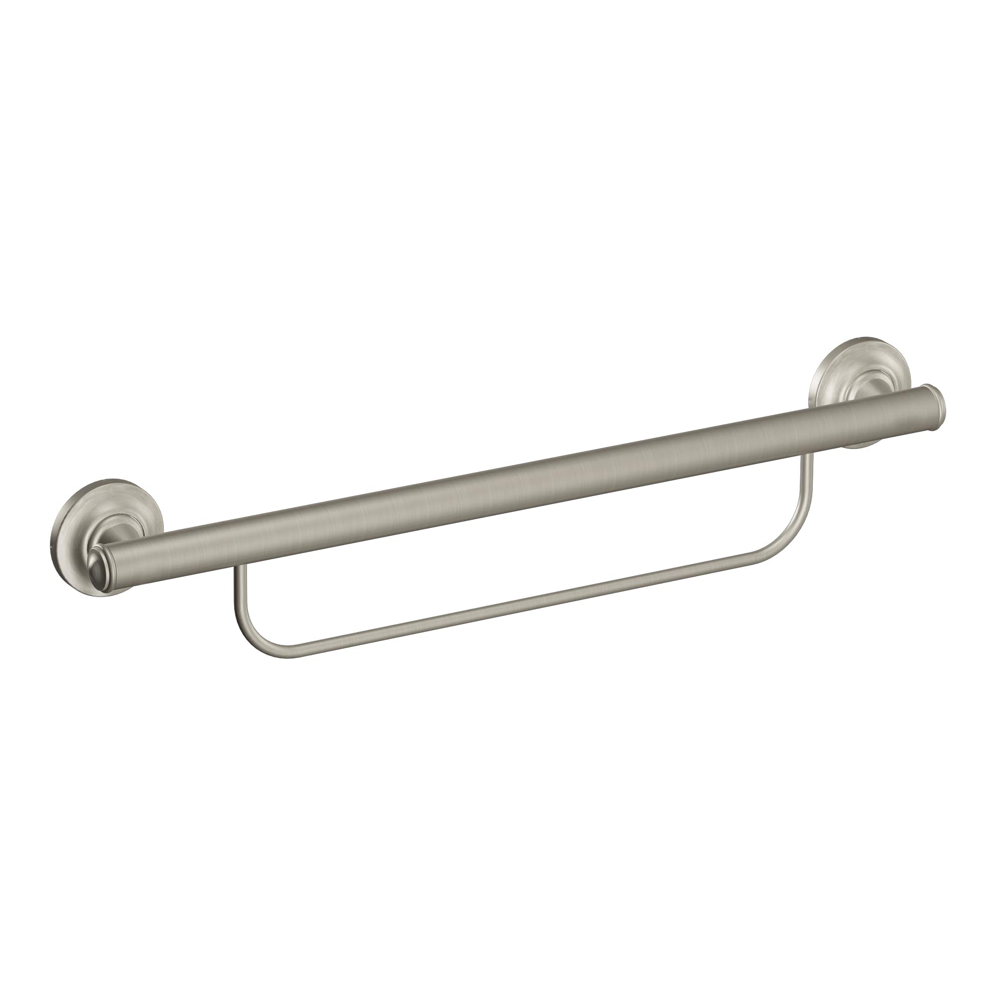 Brushed nickel grab bar with integrated towel bar and wall-mounted circular flanges on each end.