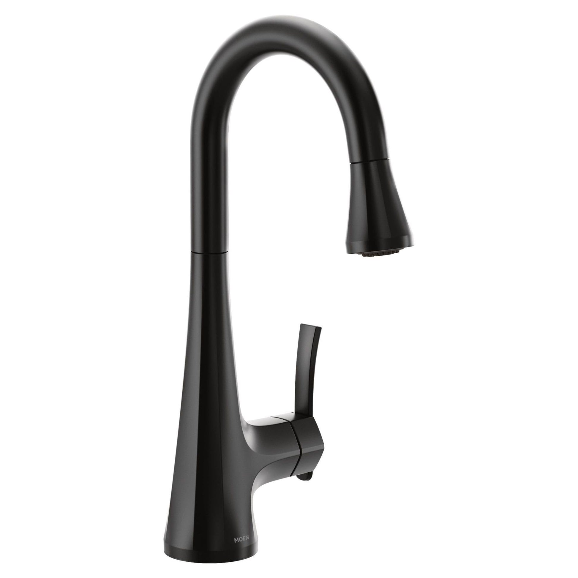 Matte black single-handle pulldown bar faucet with high arc spout and retractable spray head.