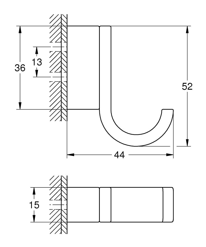 Technical drawing of a curved robe hook with dimensions showing 44mm projection and wall mounting specifications.