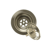 Unlacquered brass stemball strainer with perforated basket and circular mounting flange.