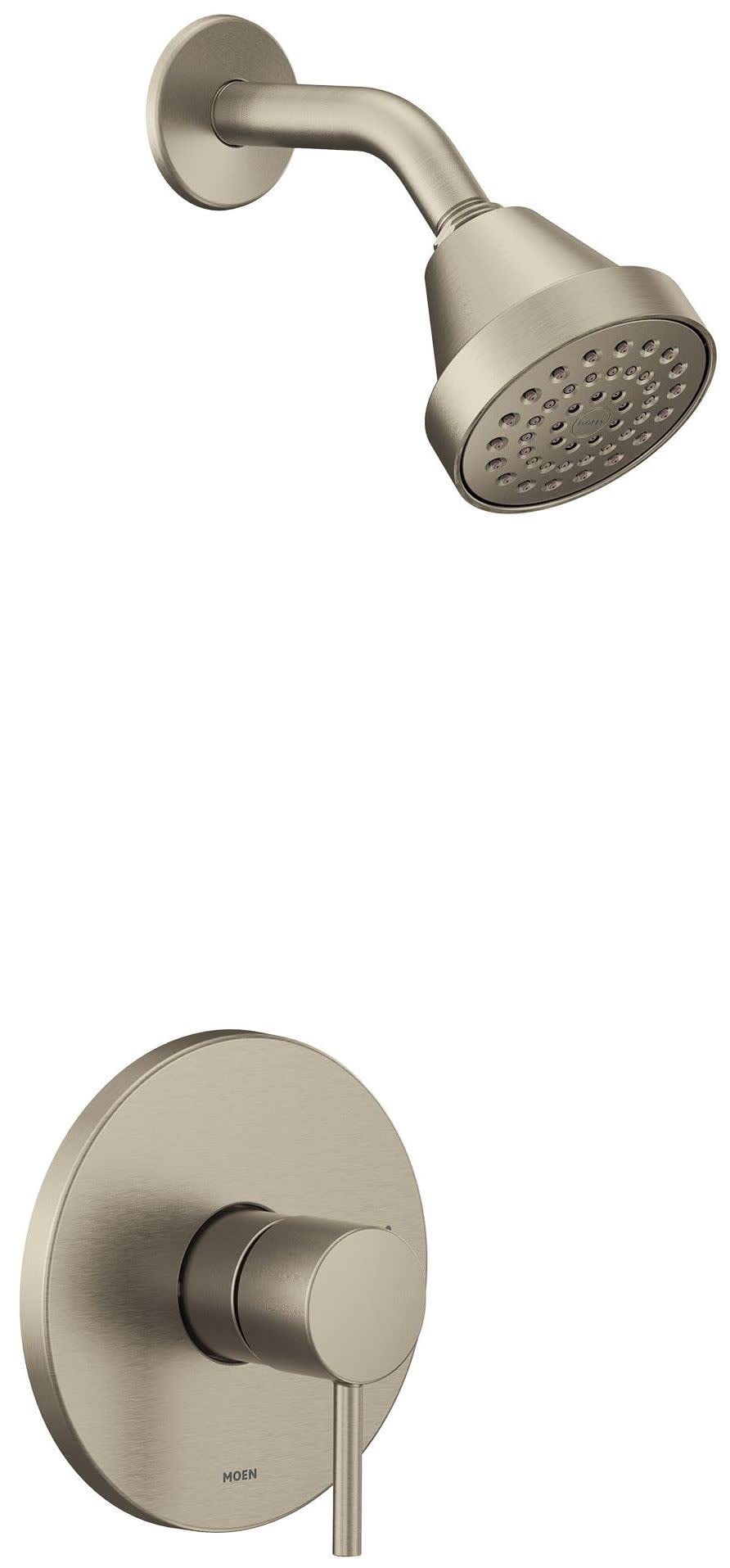 Brushed nickel shower trim kit with single handle control valve and round showerhead with perforated spray pattern.
