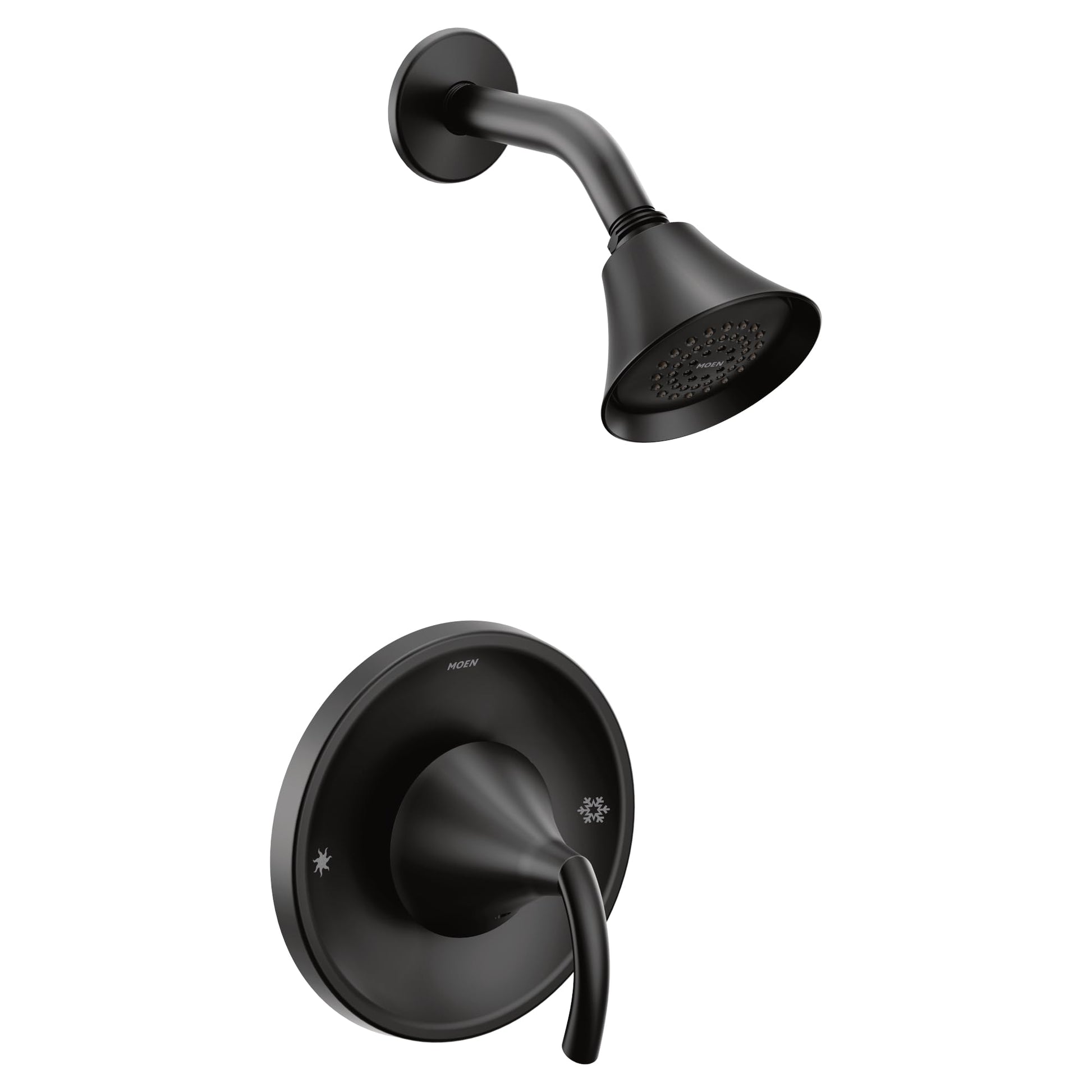 Matte black shower trim with round wall plate, single lever handle, curved arm, and cone-shaped showerhead with perforated fa