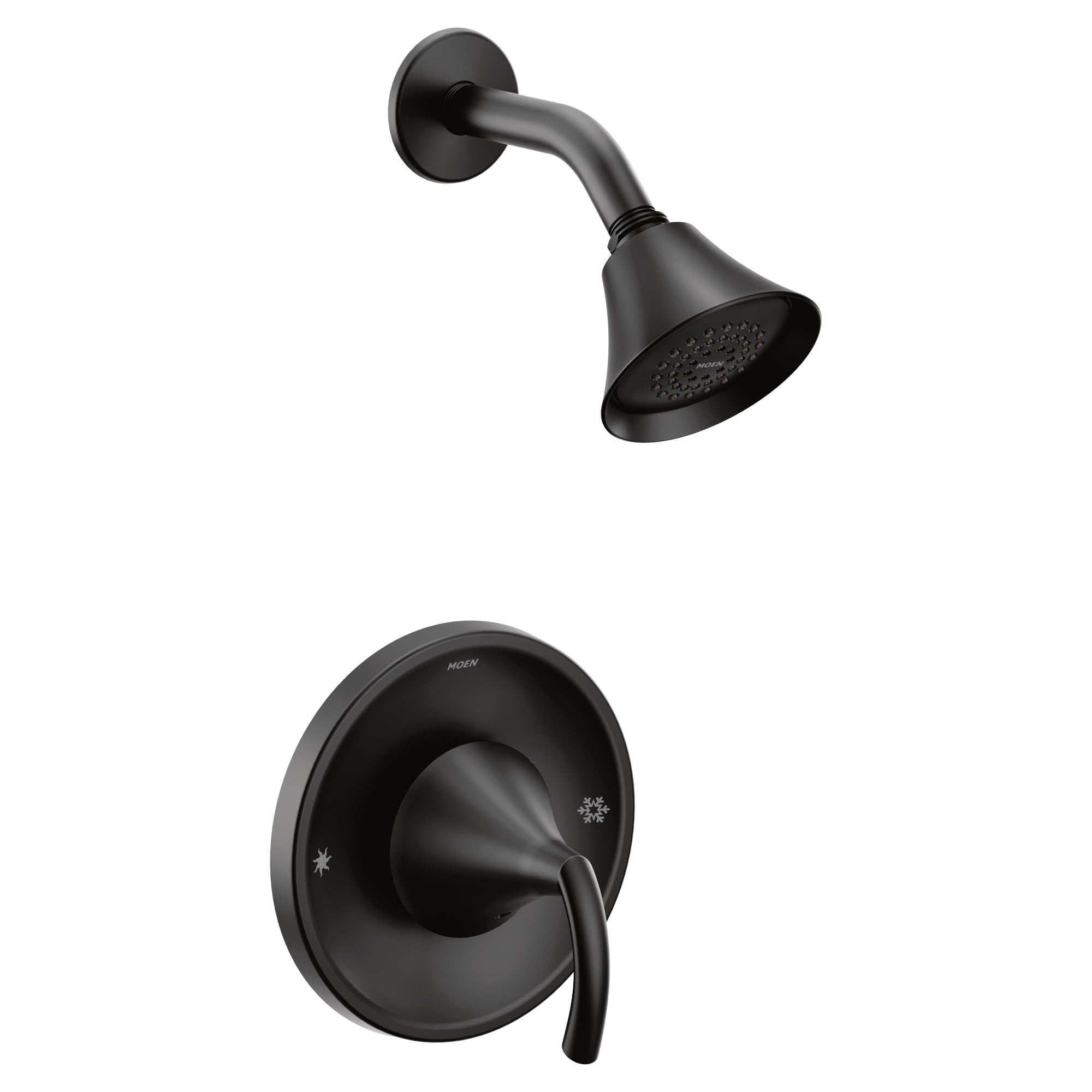 Matte black shower trim with single lever handle, round wall plate, curved arm, and cone-shaped showerhead with spray holes.