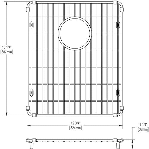 Stainless steel sink grid with vertical bars, center drain opening, and corner mounting clips, measuring 12-3/4" x 15-1/4".