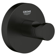 Matte black robe hook with cylindrical hook protruding from circular wall-mounted base and Grohe logo.