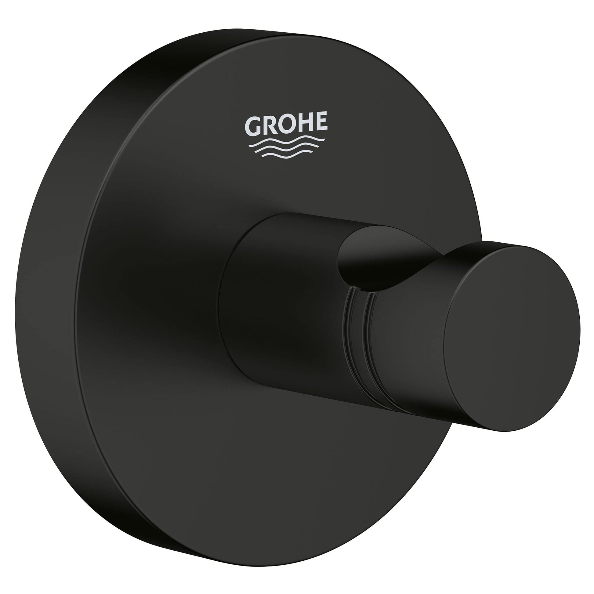 Matte black robe hook with cylindrical hook protruding from circular wall-mounted base and Grohe logo.