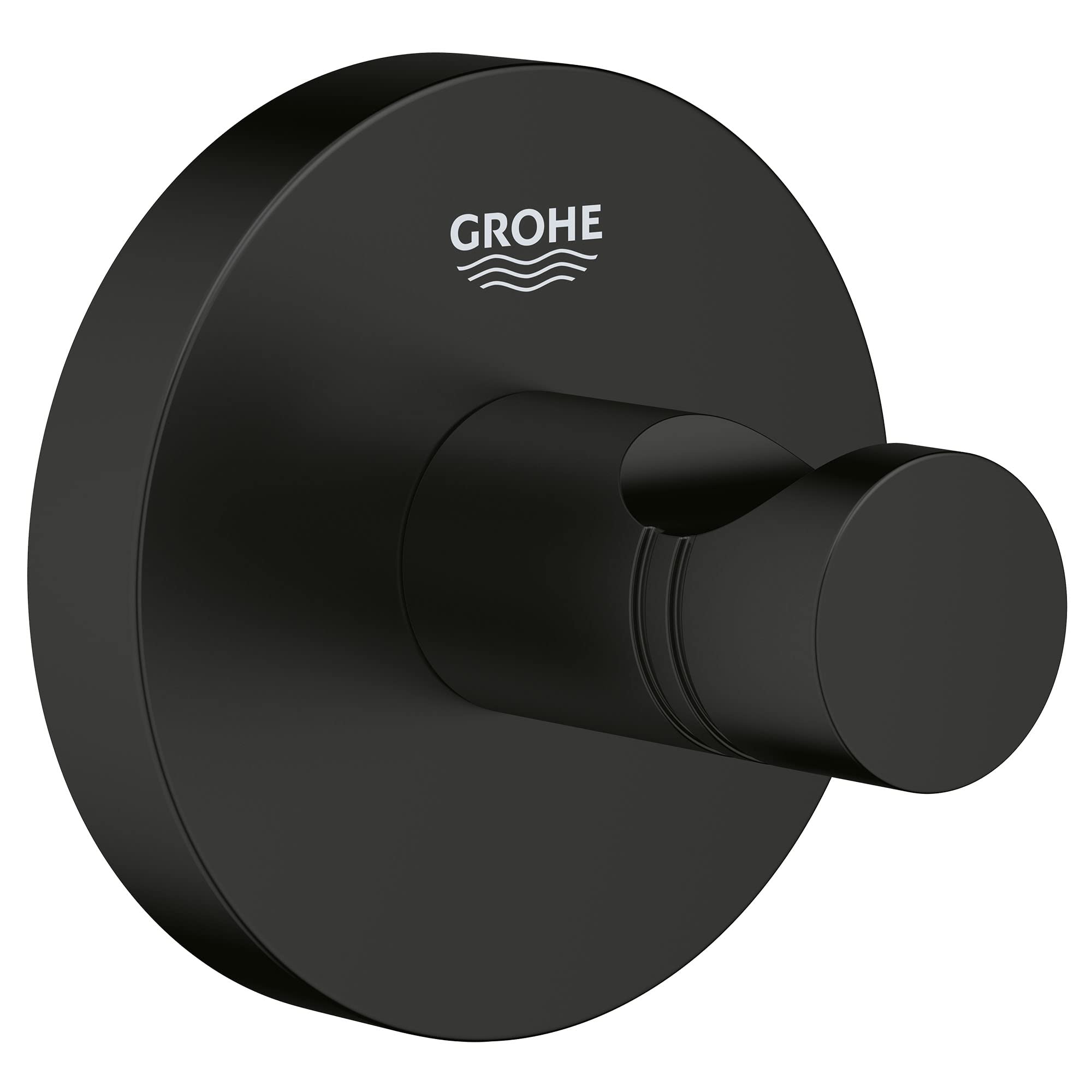 Matte black robe hook with cylindrical hook protruding from circular wall-mounted base and Grohe logo.