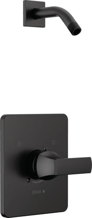 Matte black shower trim with square escutcheon, single lever handle, and curved shower arm with threaded end.