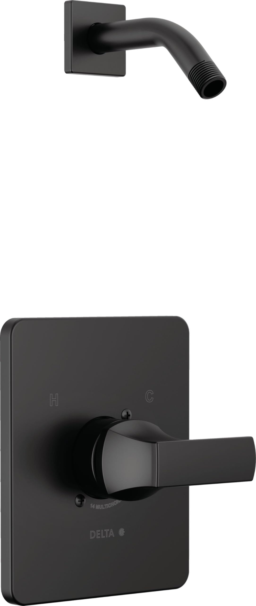 Matte black shower trim with square escutcheon, single lever handle, and curved shower arm with threaded end.