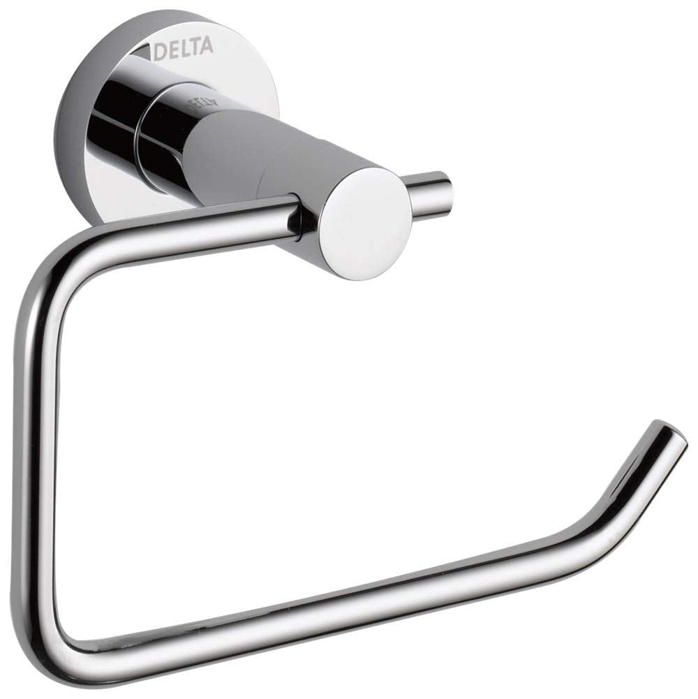 Chrome tissue holder with curved loop arm and circular wall-mounted backing plate labeled Delta.