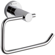 Chrome tissue holder with curved loop arm and circular wall-mounted backing plate labeled Delta.