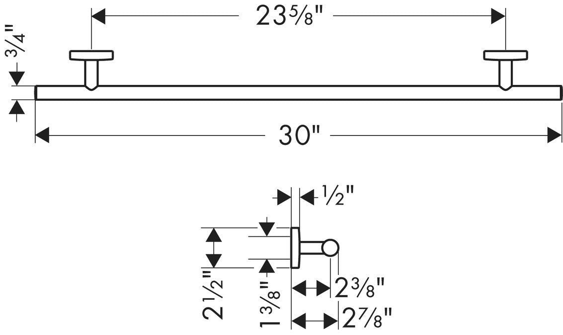 Brushed nickel towel bar with two wall-mounted brackets, shown in technical drawing with dimensions.