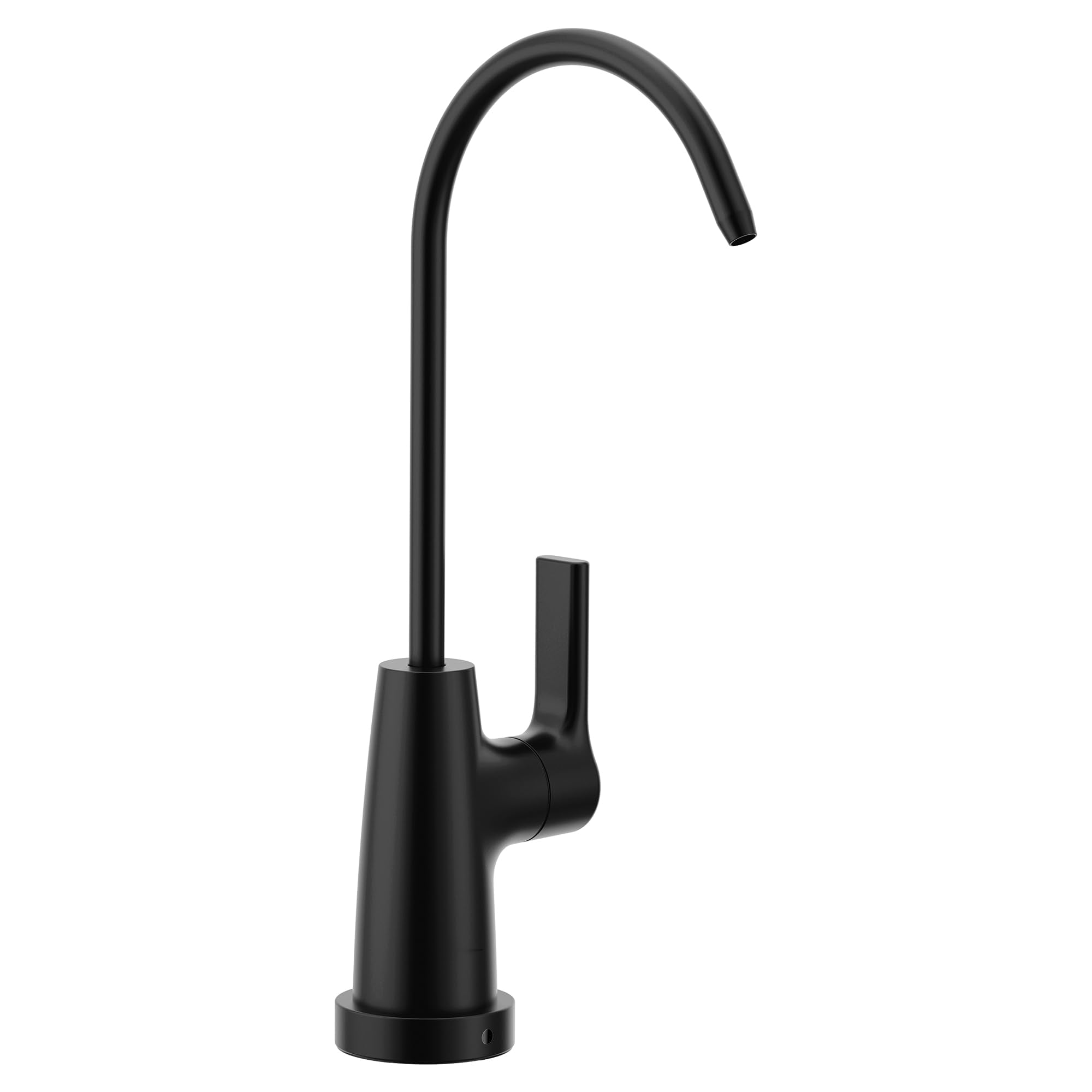 Matte black drinking water faucet with curved gooseneck spout and single lever handle.