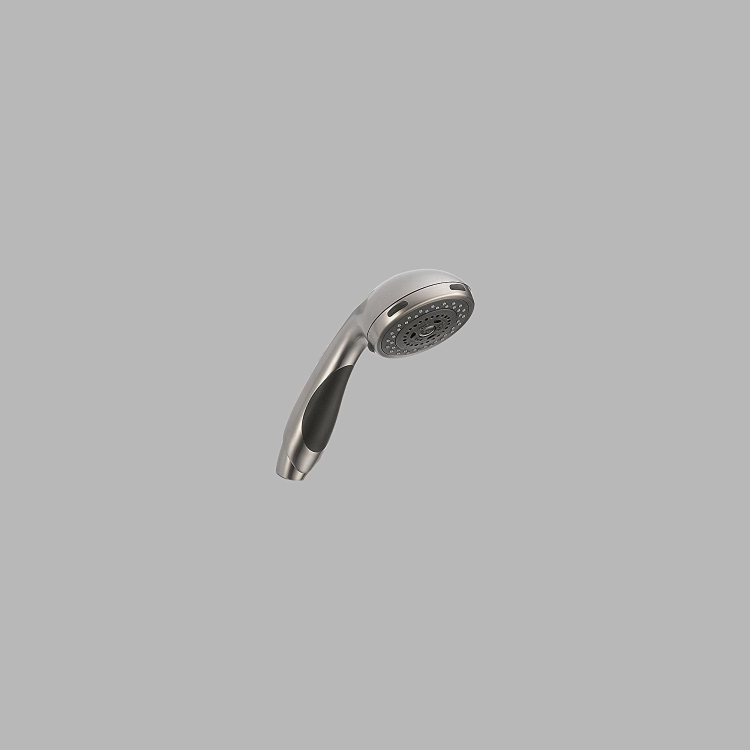 Stainless steel hand shower with perforated spray head and black grip handle.