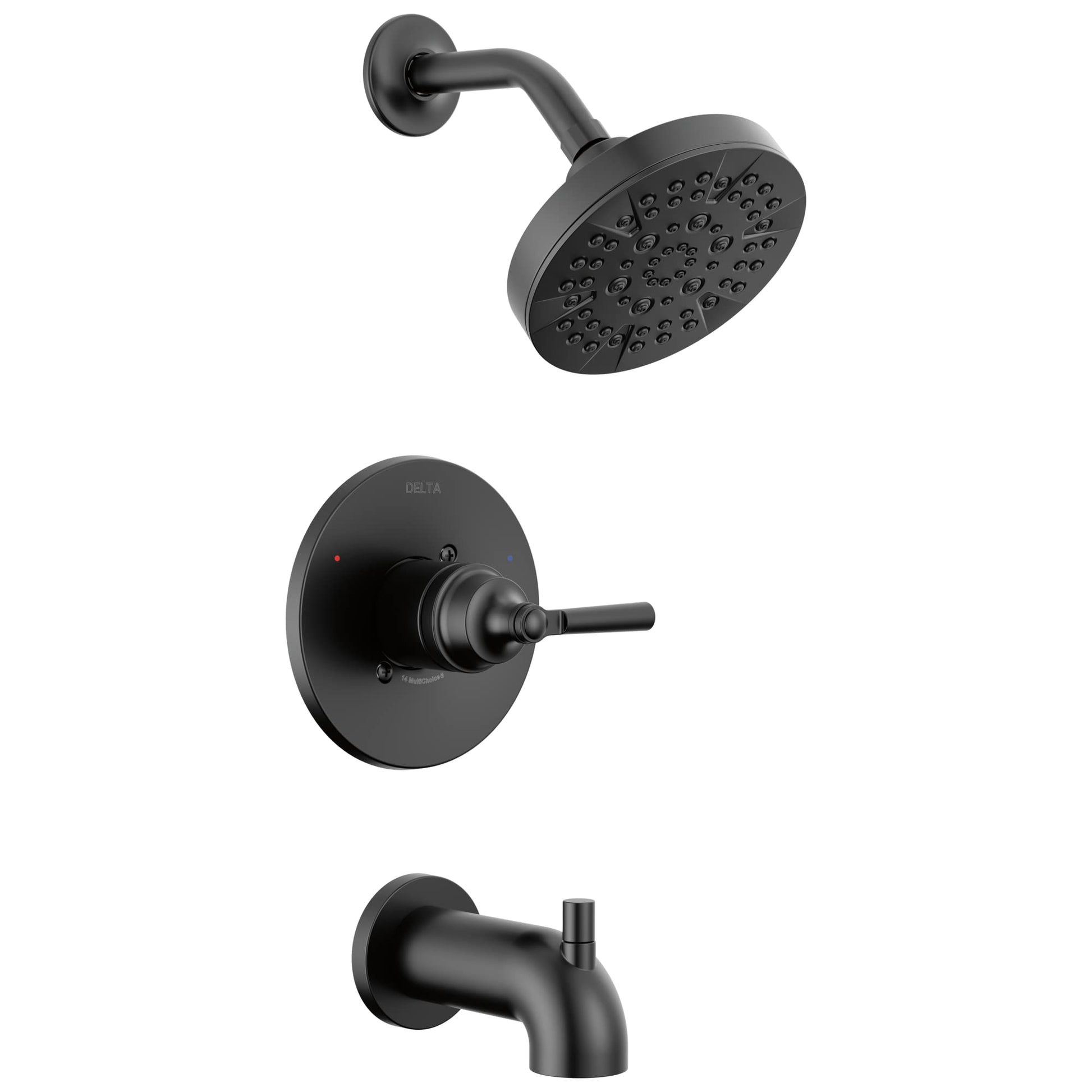Black matte tub and shower trim with round showerhead, wall-mounted control valve, and tub spout.