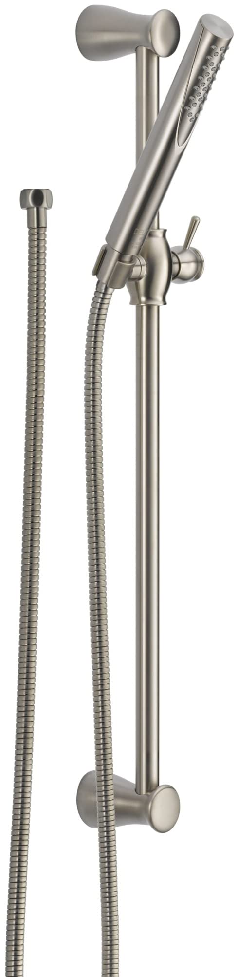 Brushed nickel slide bar hand shower system with handheld shower head, vertical rail, adjustable bracket, and coiled hose.