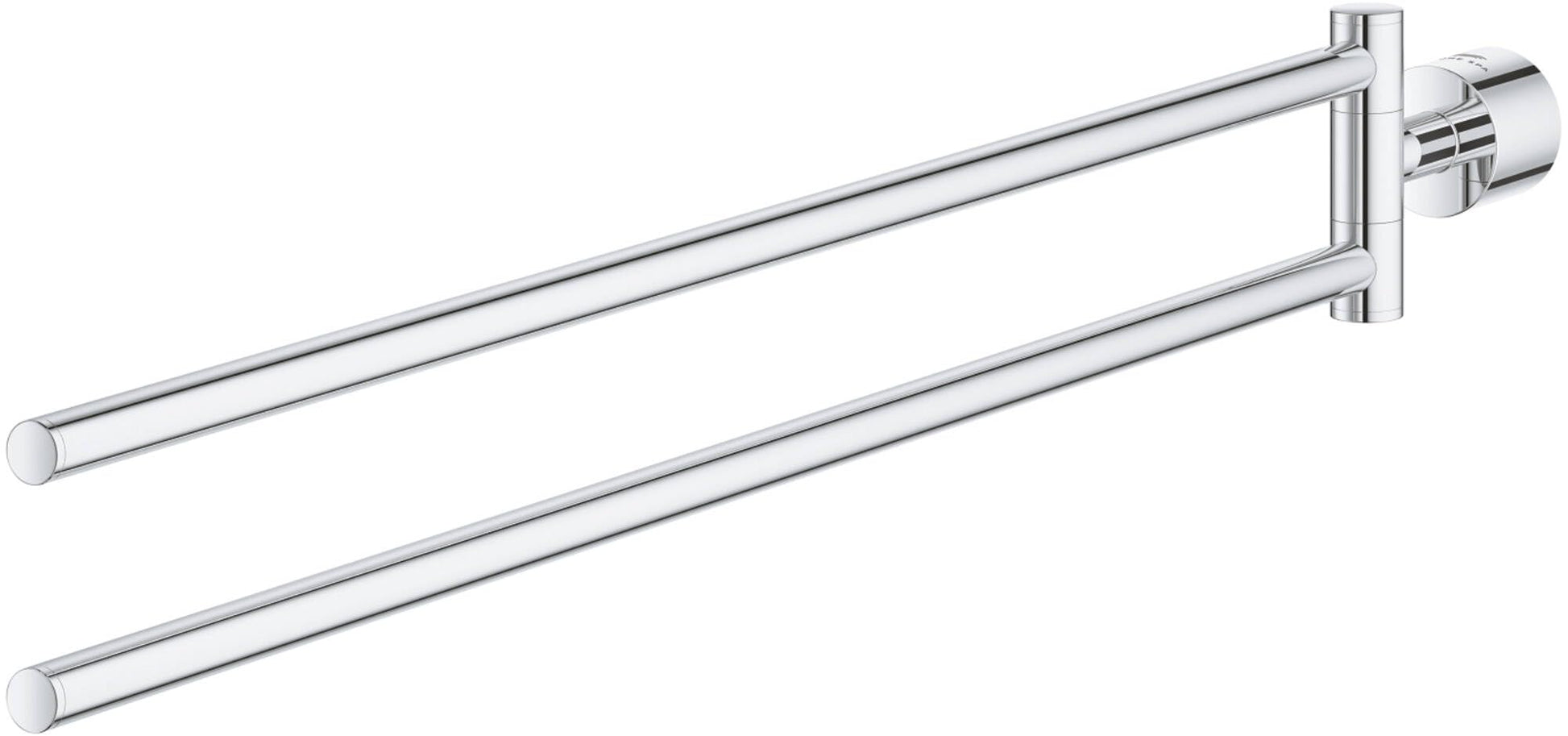 Chrome double towel rail with two parallel arms and cylindrical mounting bracket.