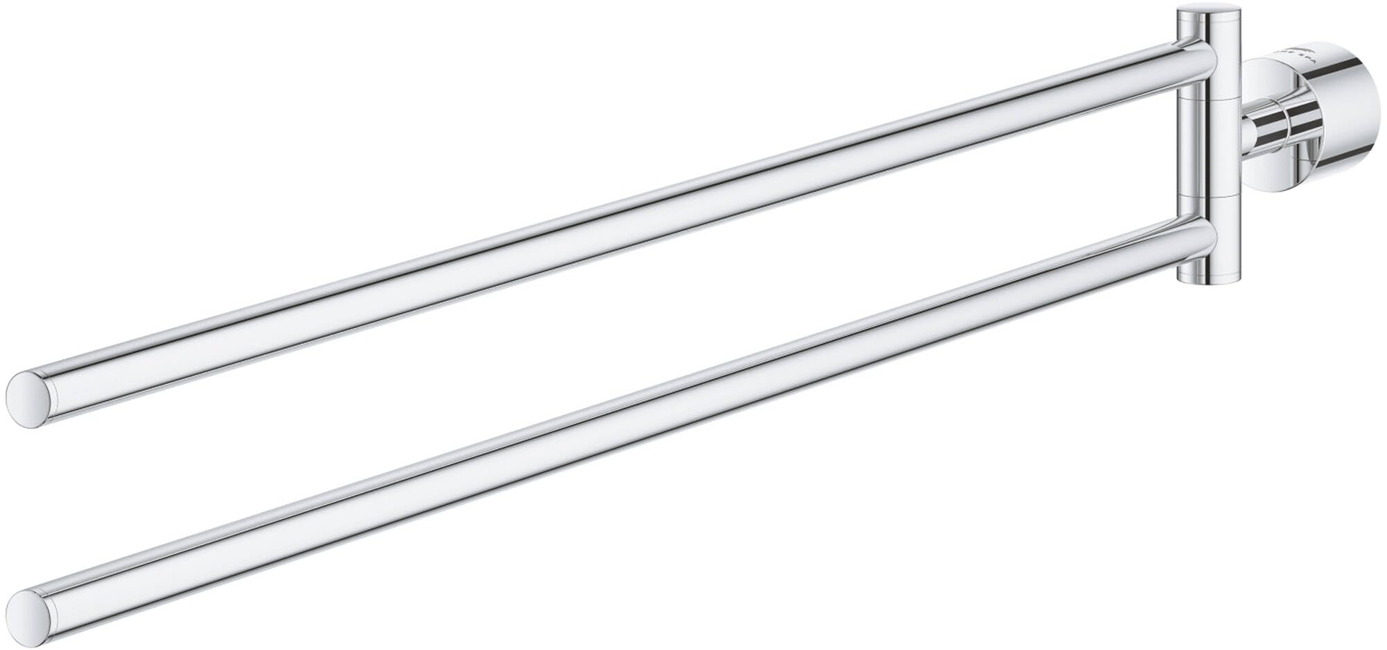 Chrome double towel rail with two parallel arms and cylindrical mounting bracket.