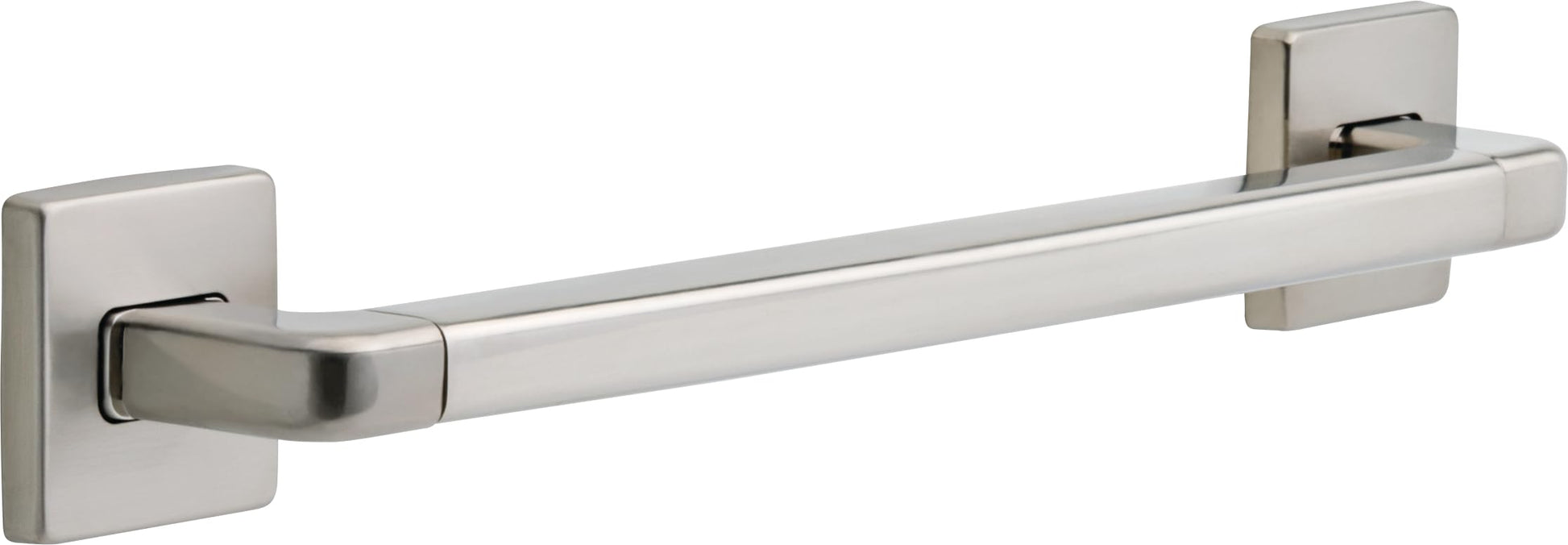 Chrome angular grab bar with square mounting plates on white background.