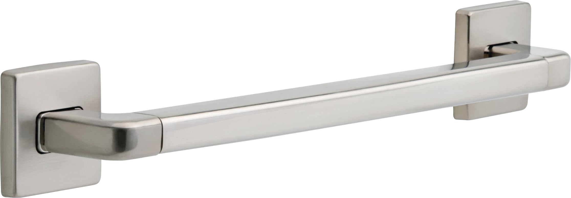 Chrome angular grab bar with square mounting plates on white background.