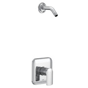 Chrome shower trim kit with single handle control valve and curved wall-mounted showerhead arm.