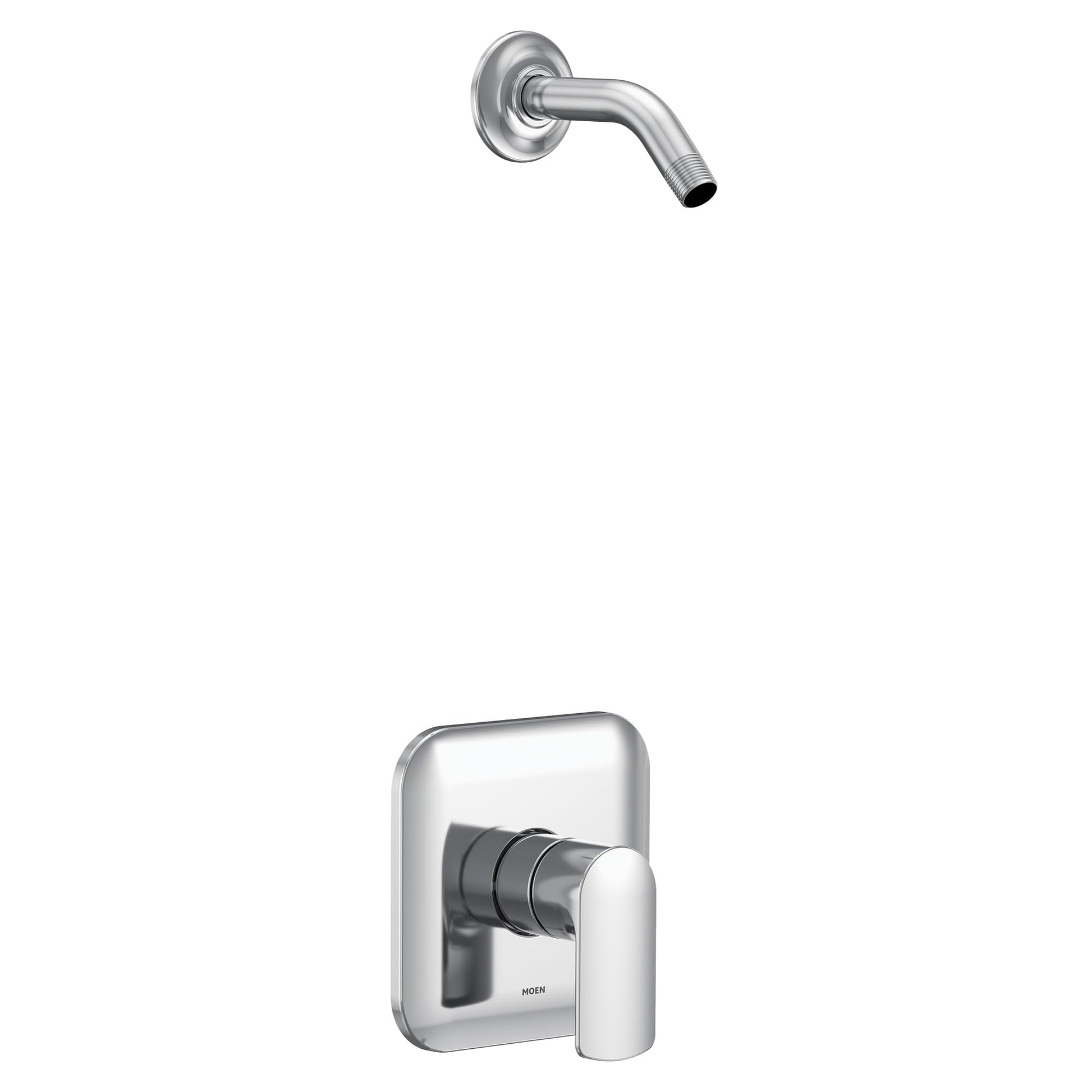 Chrome shower trim kit with single handle control valve and curved wall-mounted showerhead arm.