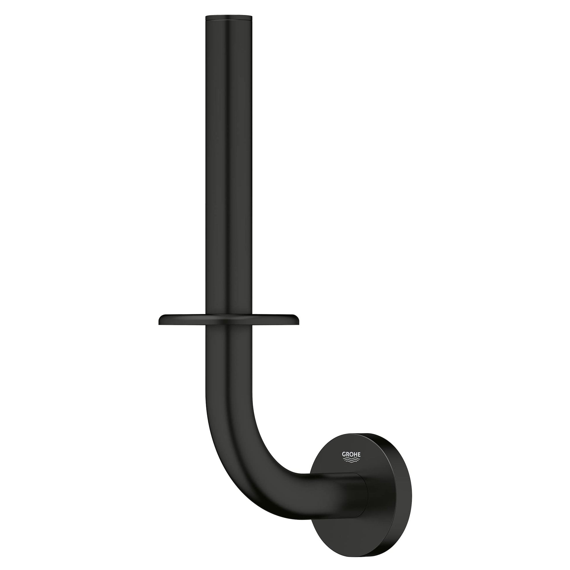 Matte black vertical toilet paper holder with curved bottom section and horizontal bar, wall-mounted with circular base plate