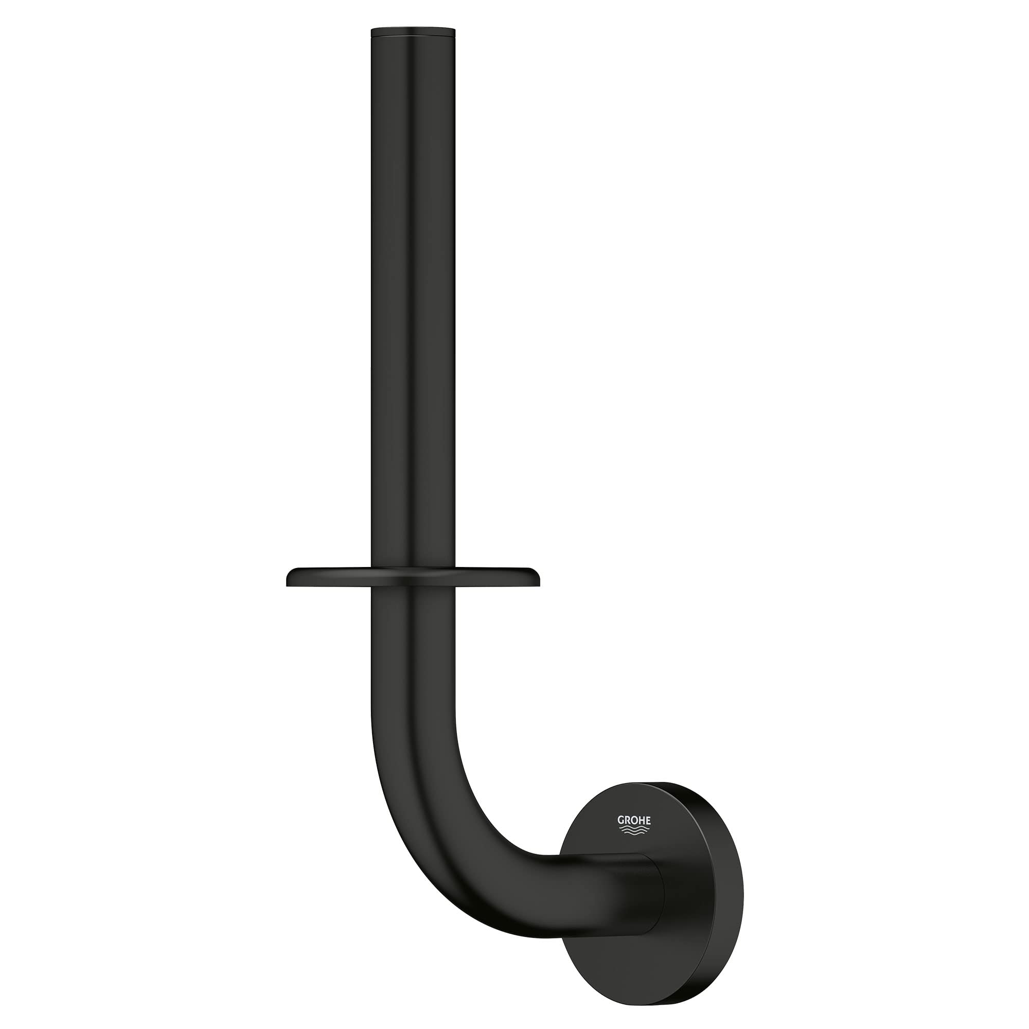 Matte black vertical toilet paper holder with curved bottom section and horizontal bar, wall-mounted with circular base plate