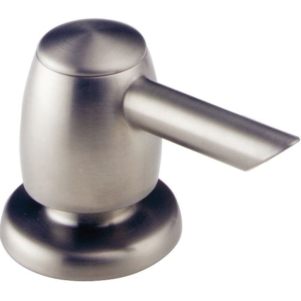 Stainless steel soap and lotion dispenser with rounded pump head and cylindrical reservoir on circular base.
