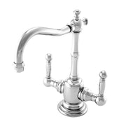 Polished nickel Chesterfield-style kitchen faucet with curved spout, dual handles, and decorative spherical knobs.