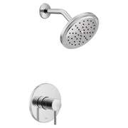 Chrome shower trim kit with single handle valve, round showerhead with perforations, and curved arm mounted to wall.