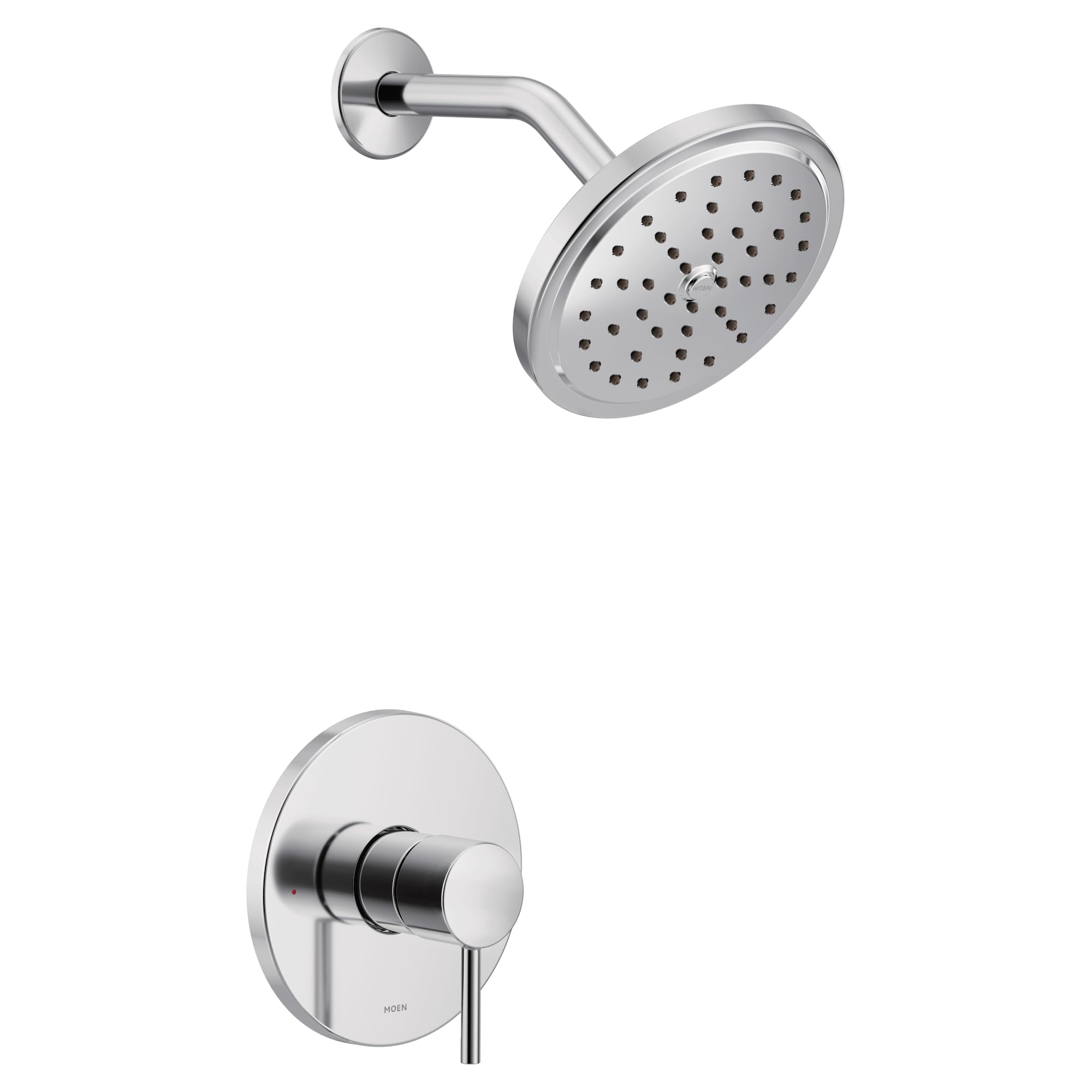 Chrome shower trim kit with single handle valve, round showerhead with perforations, and curved arm mounted to wall.