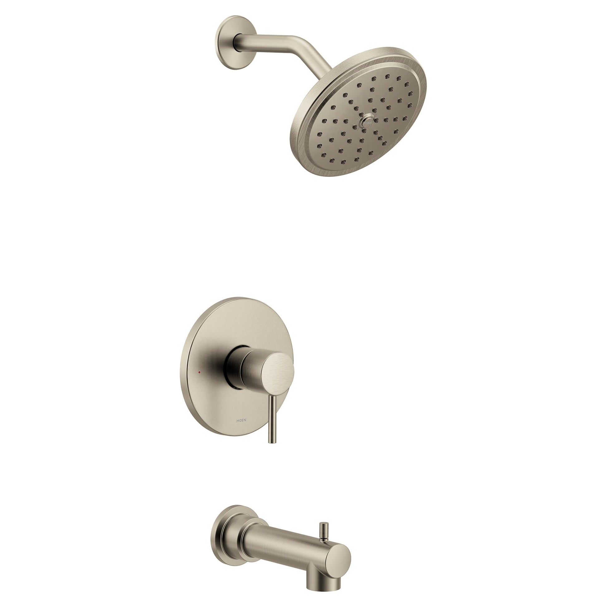 Brushed nickel tub and shower trim with single handle control, round showerhead, and curved arm spout.