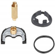 Chrome and black metal shank mounting kit components including brass fitting, clamp, seals, and ring.