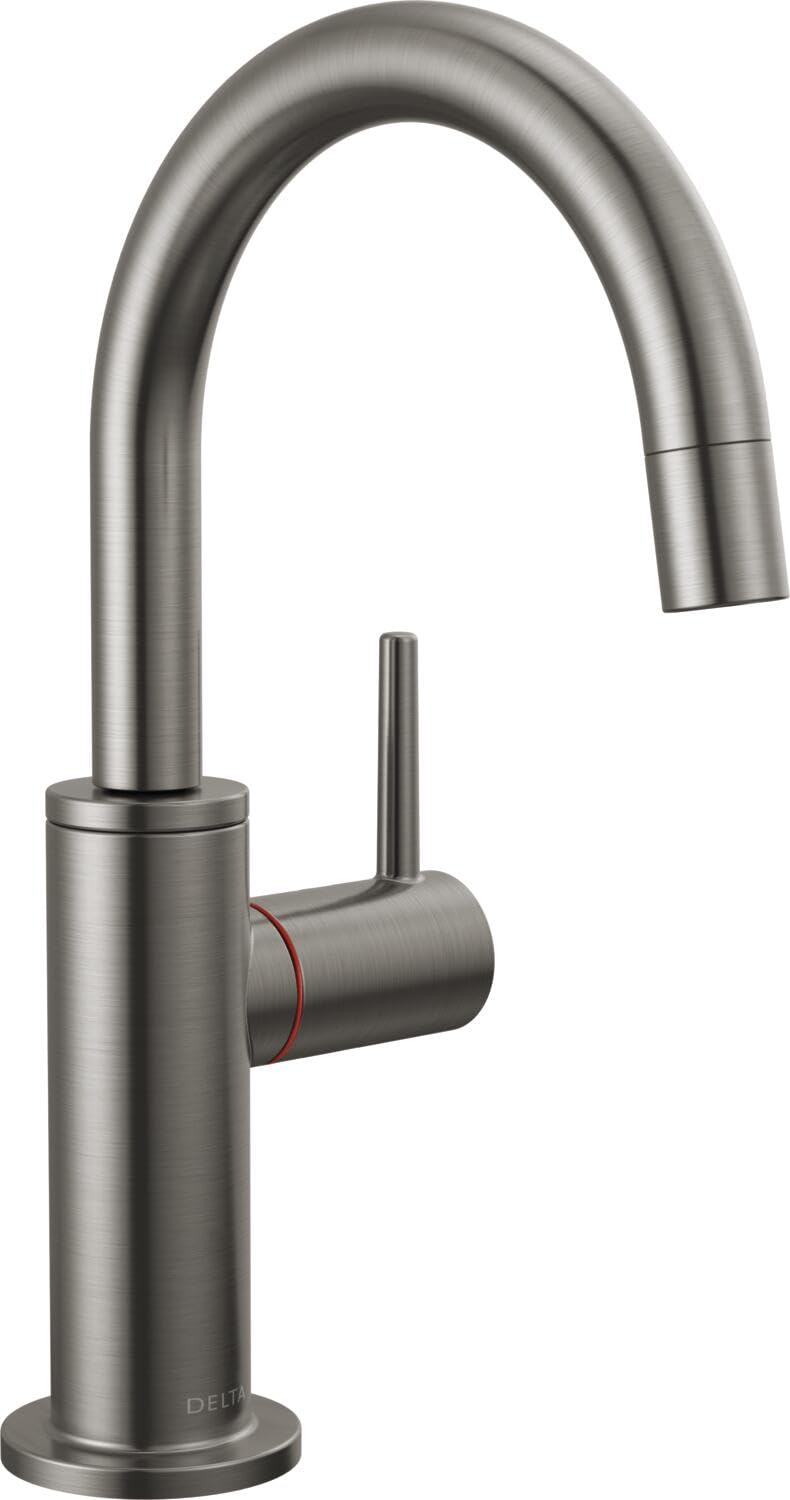Stainless steel instant hot water dispenser with round curved spout and single handle lever.
