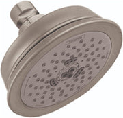 Brushed nickel round shower head with multiple spray holes and adjustable arm connector.