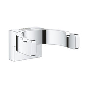 Chrome robe hook with curved arm and square mounting plate, featuring two small hooks on the base.