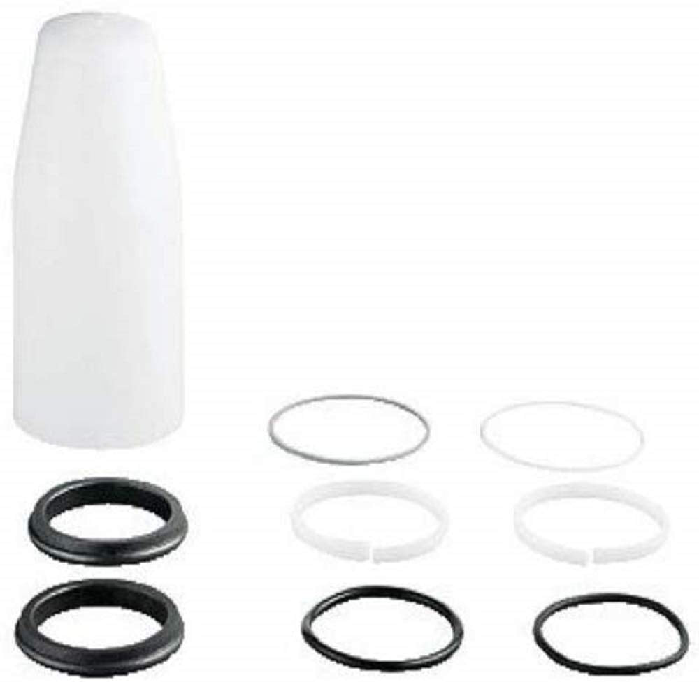 Grohe seal kit containing white cylindrical case with black and white rubber rings and gaskets inside.