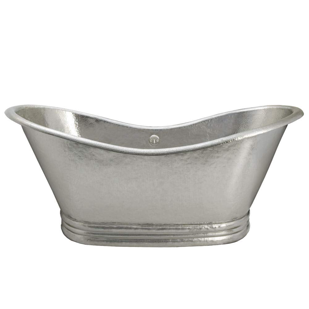 Hammered copper freestanding bathtub with curved sides, rolled rim, and decorative bands at base.