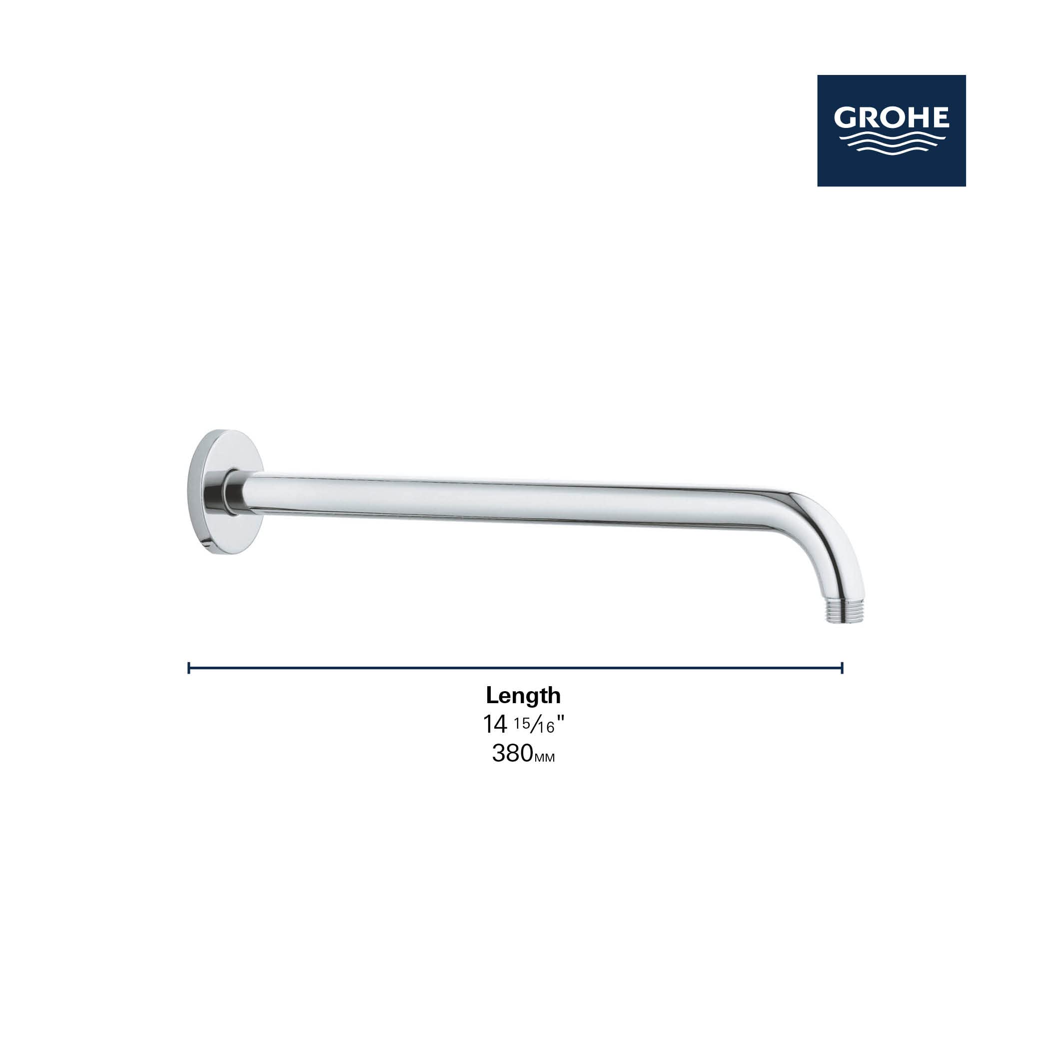 Chrome shower arm with wall-mounted circular flange, measuring 14 15/16 inches long.