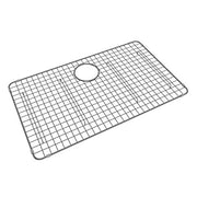 Black stainless steel sink grid with small square openings and circular drain hole cutout.