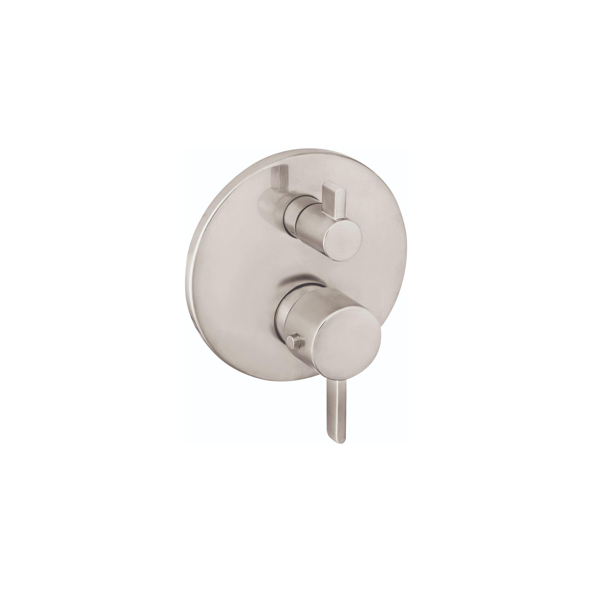 Brushed nickel thermostatic shower trim with round escutcheon, upper diverter control, and lower volume control lever.